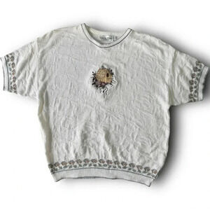 Vtg Cottagecore Short Sleeve‎ Sweater Embroidered Birdhouse Garden Floral USA L